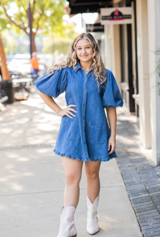 DENIM RUFFLE POCKET DRESS