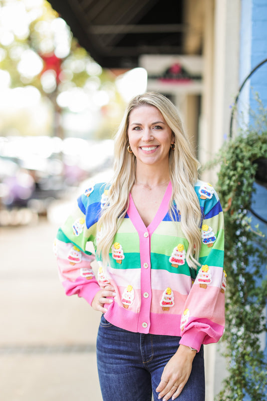 QUEEN OF SPARKLES RAINBOW STRIPE CARDIGAN