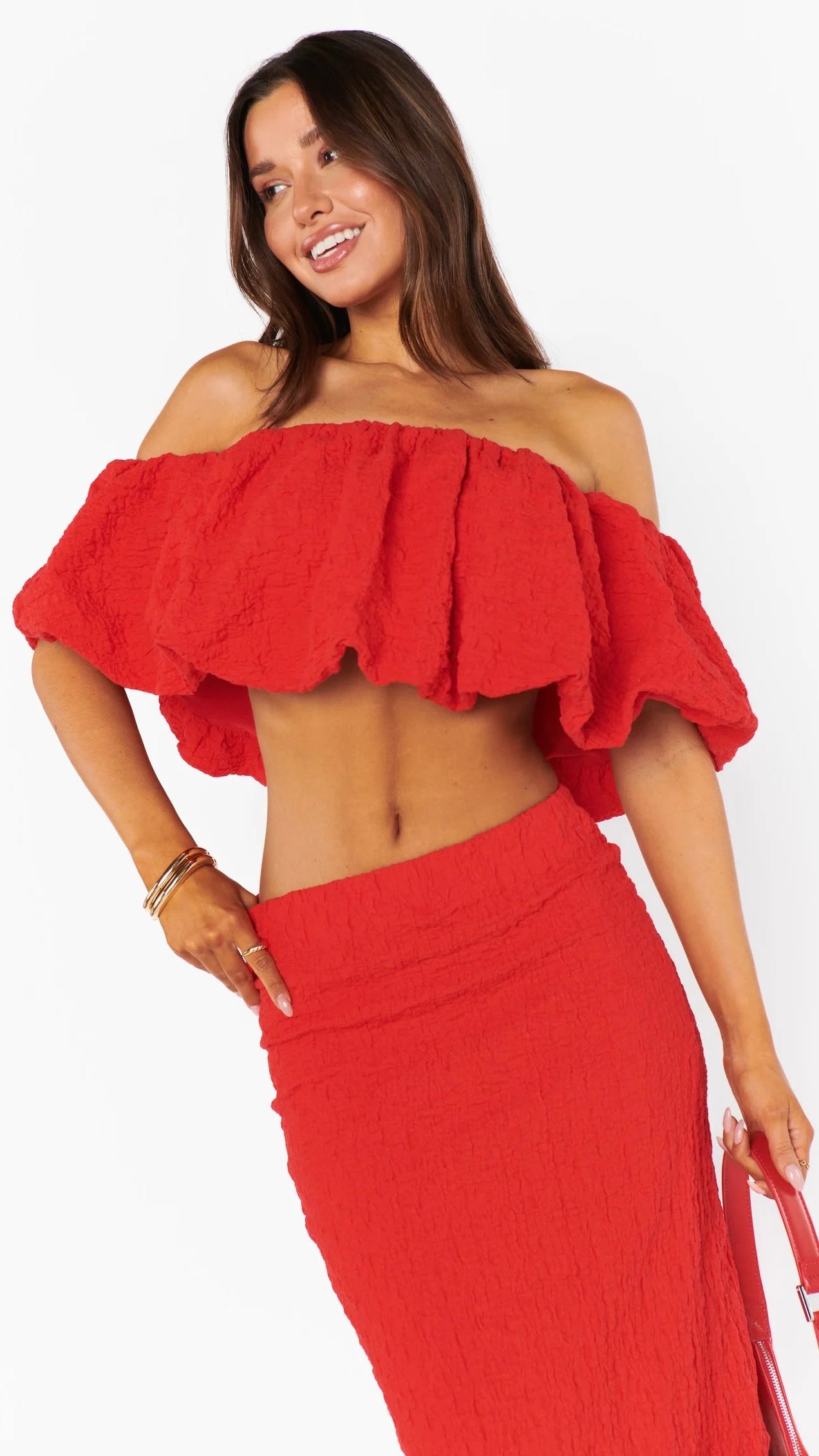 MARIA RED SCRUNCH TOP