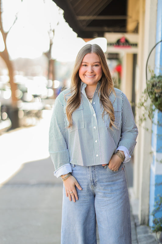 GREEN WHITE STRIPED POPLIN