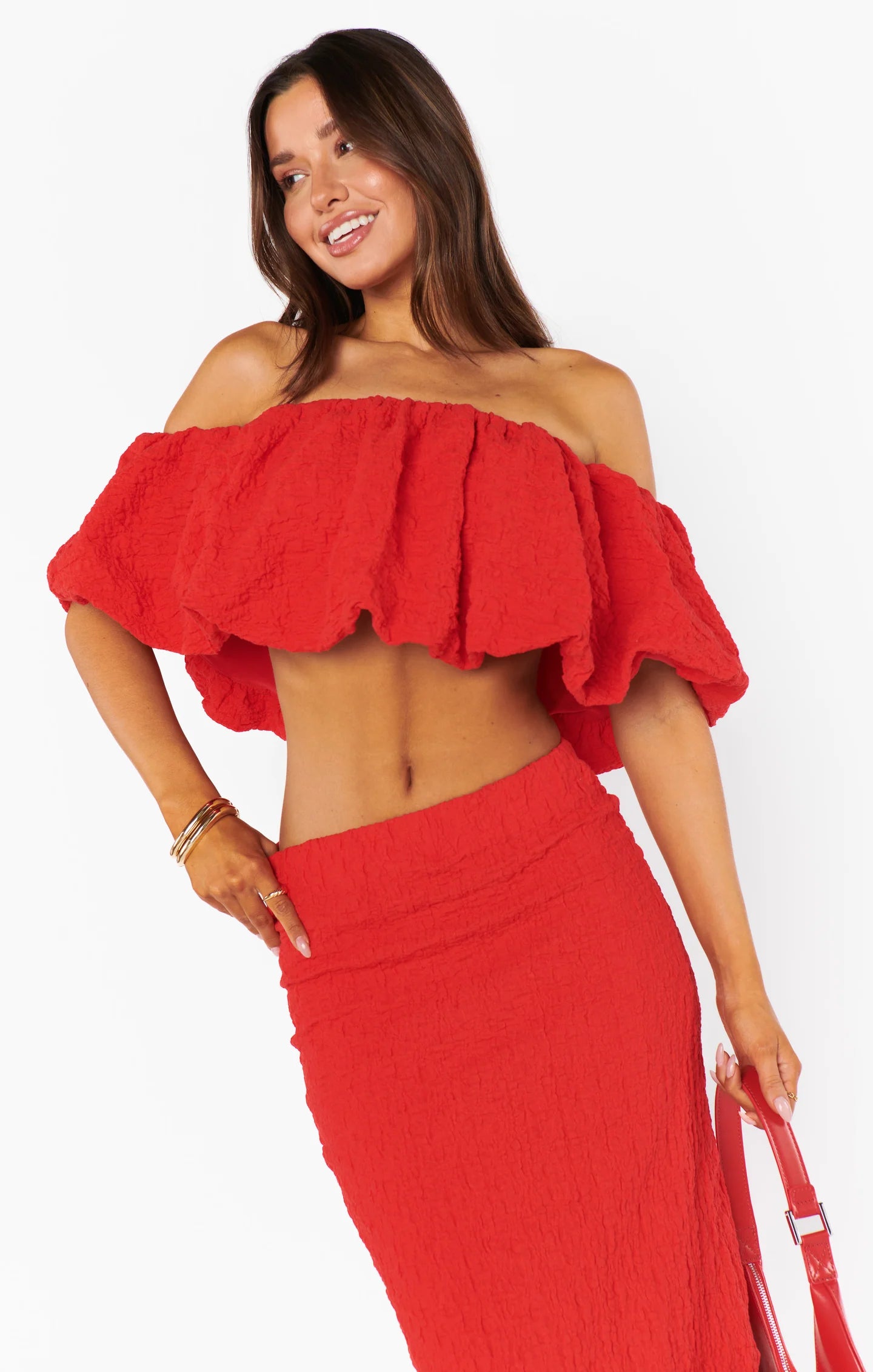 MARIA RED SCRUNCH TOP